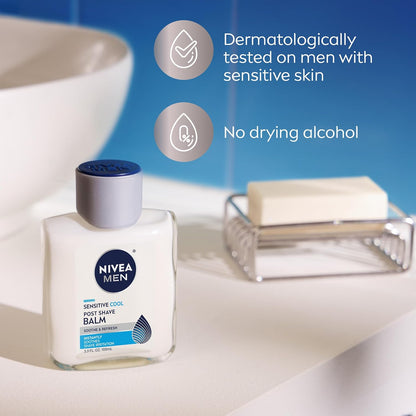 NIVEA MEN Sensitive Cool After Shave Balm, Anniversary Gift for Him Who Shaves Daily, Dermatologist-Tested Alcohol-Free Shave Soother, 3.3 Fl Oz Bottle, Pack of 3