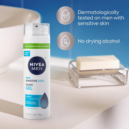 NIVEA MEN Sensitive Cool Shave Gel for Sensitive Skin, Alcohol Free Shaving Gel with Chamomile Extract, 7 Oz Can, Pack of 3 – Less-Is-More Shave Routine in One Multi-Pack
