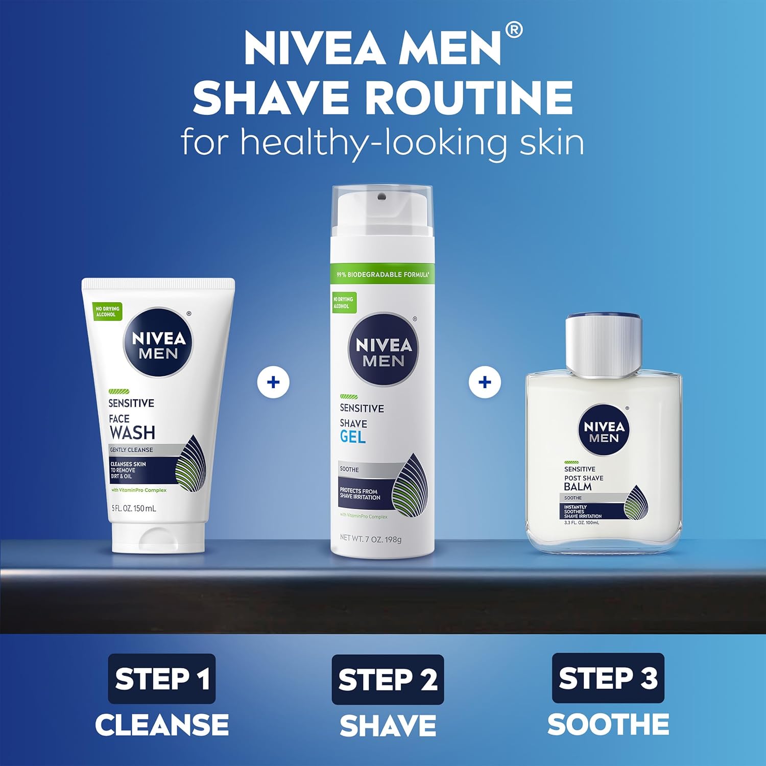 NIVEA MEN Sensitive Shave Gel – Intentional Daily Shave for Sensitive Skin, One-Step Soothing Formula, 7 Oz, Pack of 3