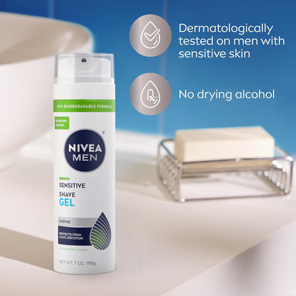NIVEA MEN Sensitive Shave Gel – Intentional Daily Shave for Sensitive Skin, One-Step Soothing Formula, 7 Oz, Pack of 3