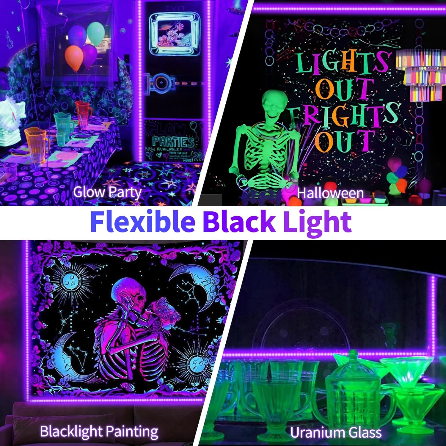 non-waterproof indoor-rated construction optimized for halloween, glow parties, and fluorescent displays