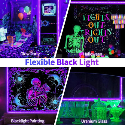 non-waterproof indoor-rated construction optimized for halloween, glow parties, and fluorescent displays