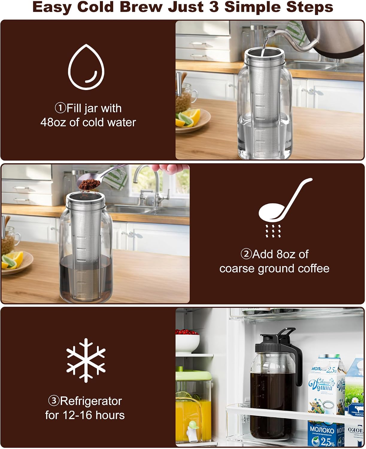 NUFUEDU Glass Cold Brew Jar with Stainless Filter – Neutral-Toned Pitcher for a Less-Is-More Pantry
