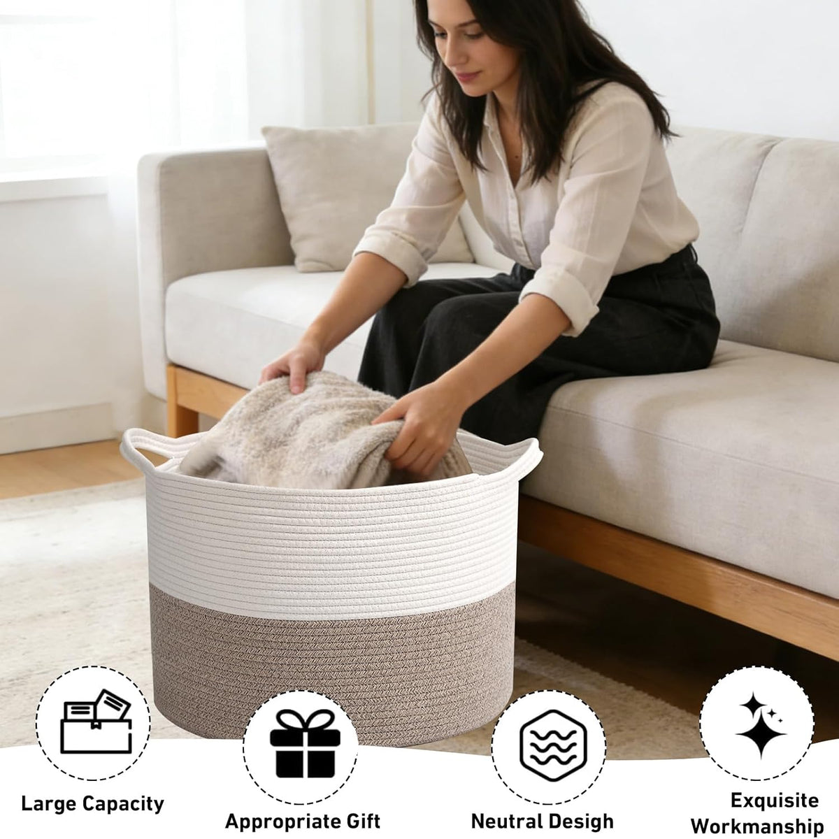 OBQAY Large Woven Blanket Basket – Stylish Apartment Warming Gift for Her