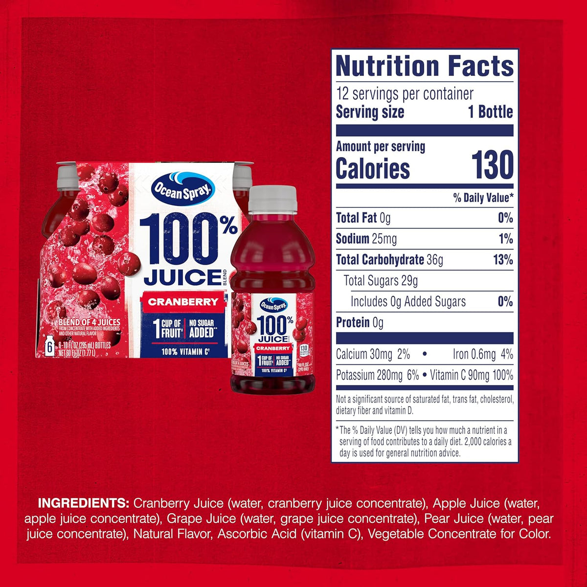 Ocean Spray 100% Cranberry Blend – No Added Sugar Kids Beverage for School and Home