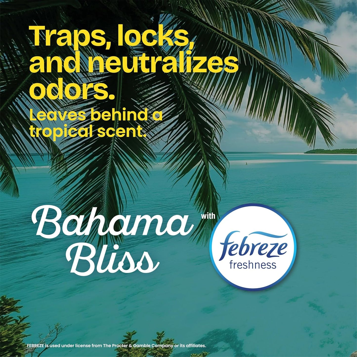 odorshield technology combined with febreze freshness in six scent variants (bahama bliss, beachside breeze, lemon fresh bleach, mountain air, eucalyptus & peppermint, cherry blossom)