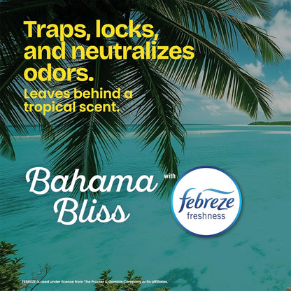 odorshield technology combined with febreze freshness in six scent variants (bahama bliss, beachside breeze, lemon fresh bleach, mountain air, eucalyptus & peppermint, cherry blossom)