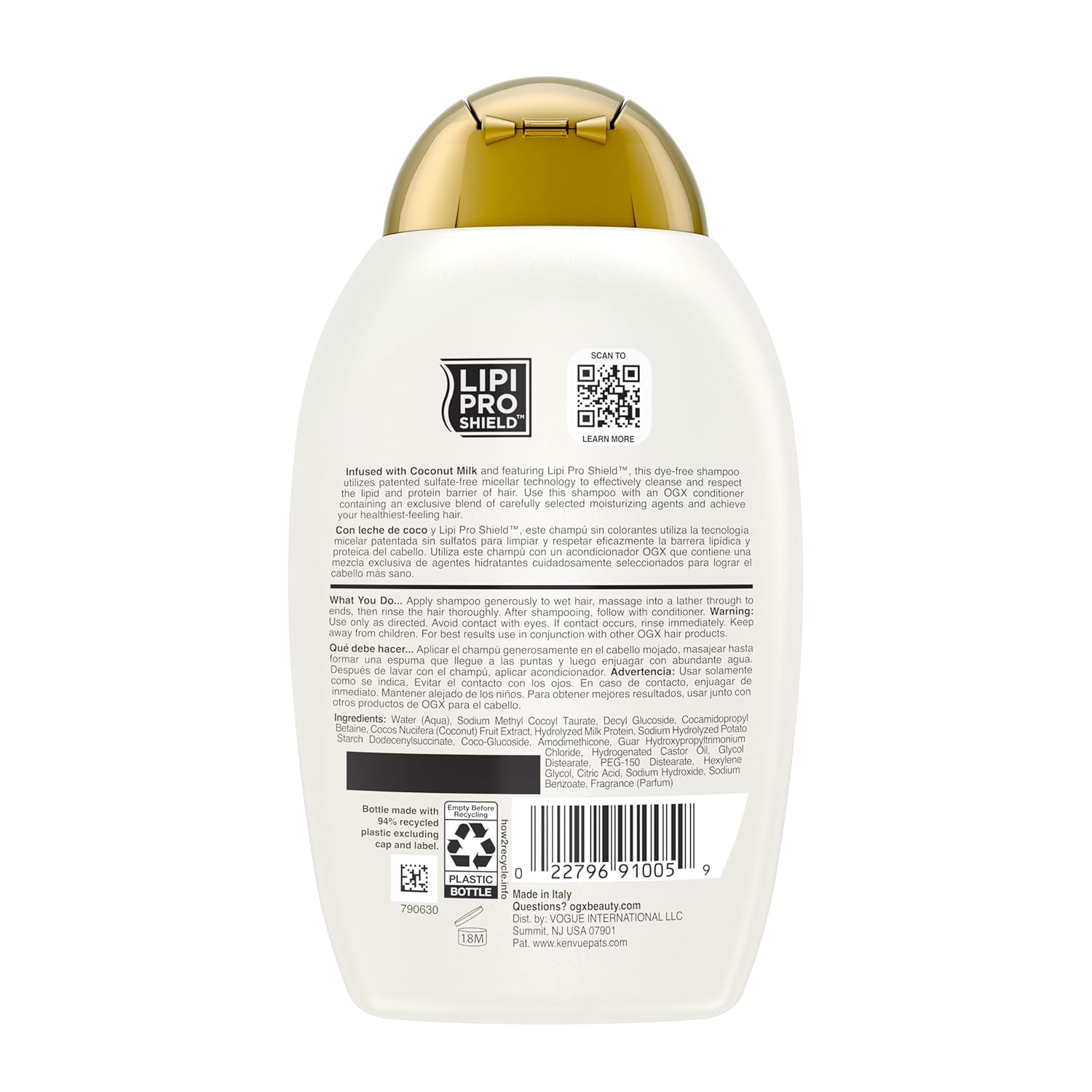 OGX Nourishing + Coconut Milk Moisturizing Shampoo, Indulgent Coconut Milk Shampoo for Frizzy Hair, Refined Vanity Counter Essential, 13 fl. oz (2-Pack)