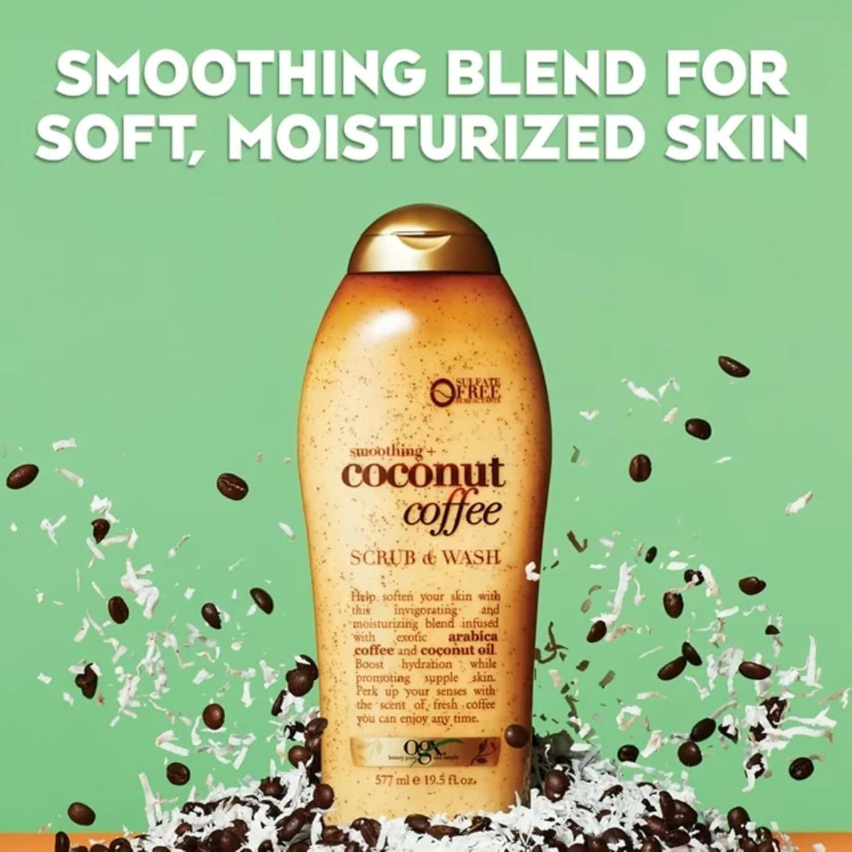 OGX Smoothing + Coconut Coffee Body Scrub – Neutral-Scented Unisex Body Wash for Shared Minimalist Bathrooms