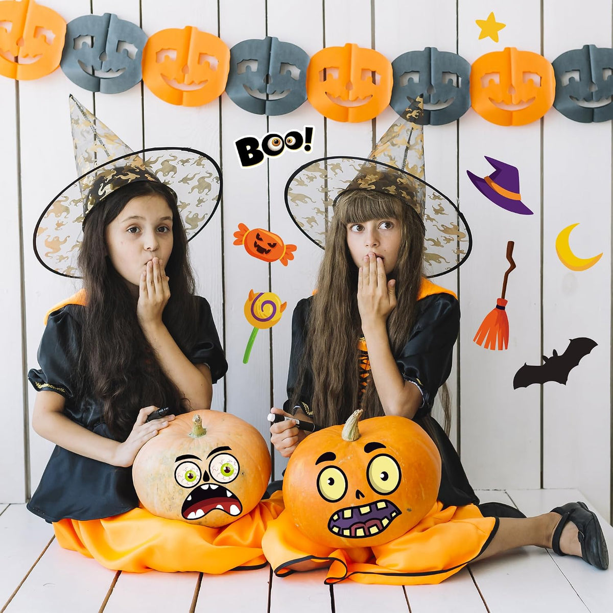 OHOME Child-Safe Pumpkin Face Stickers for Kids Halloween Parties - 36 Pack Waterproof DIY Craft Favors for Nursery and School Activities