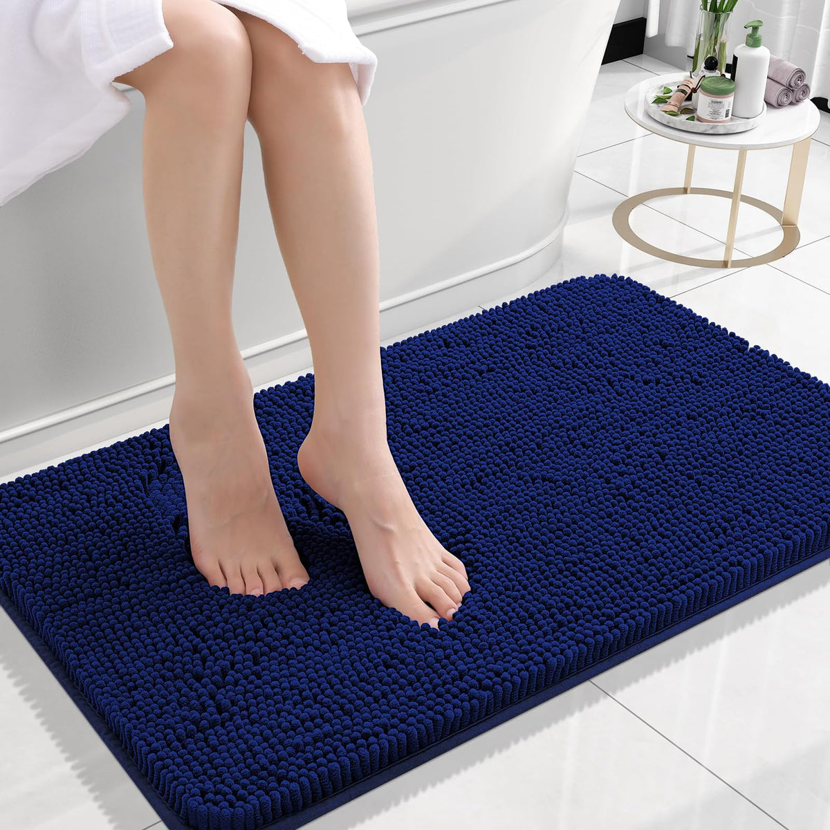 OLANLY Bathroom Rugs 24x16, Extra Soft Absorbent Chenille Bath Rugs, Rubber Backing Quick Dry, Machine Washable Bath Mats for Bathroom Floor, Tub and Shower, Home Decor Accessories, Navy
