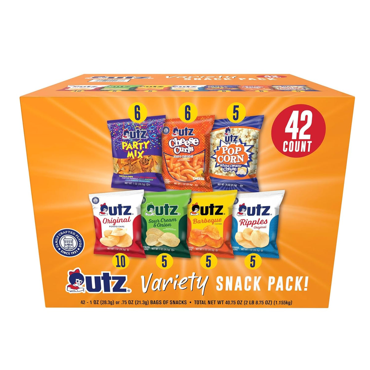 one 42-count box containing seven assorted snack types.
