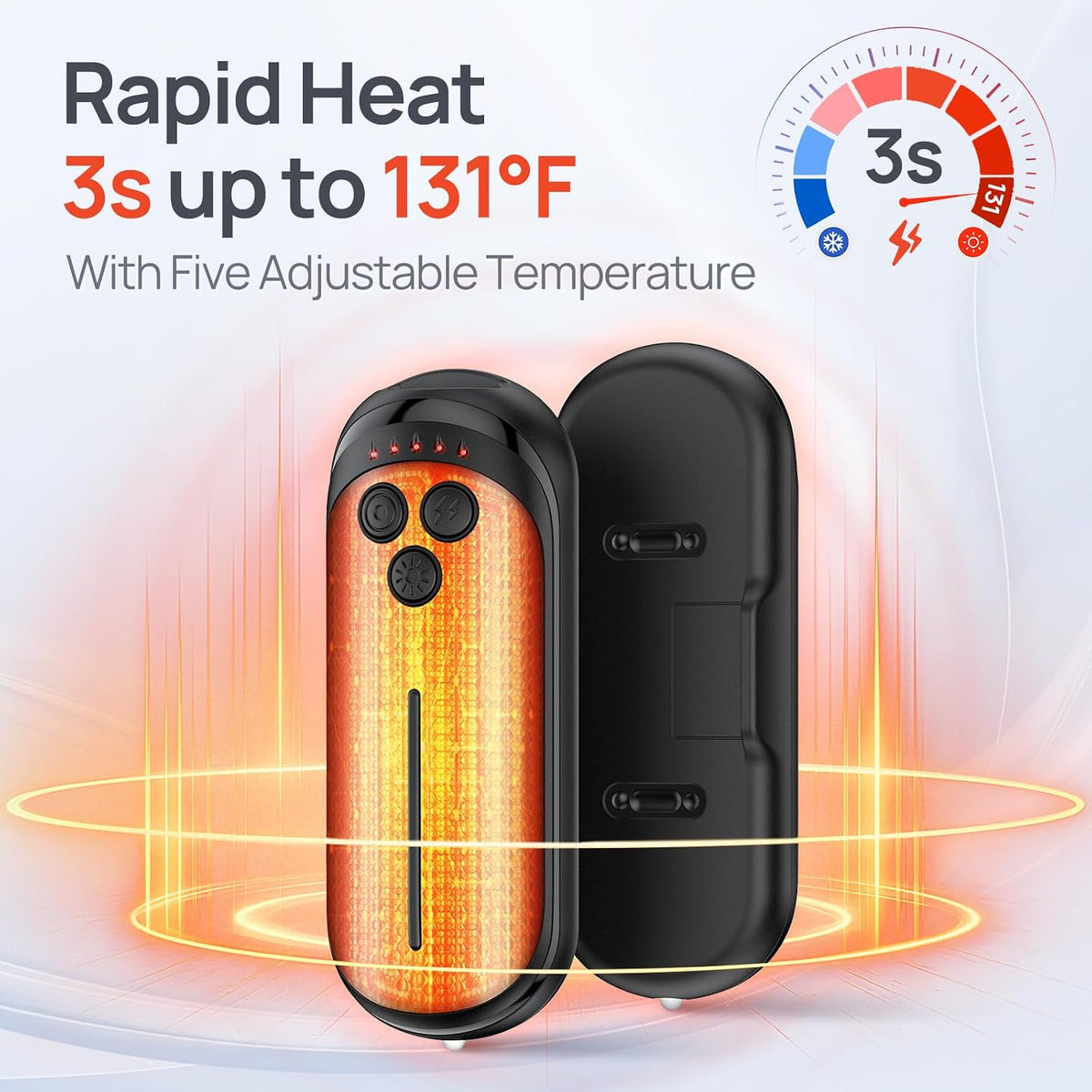 one-touch rapid heating within three seconds with a listed runtime of 7-15 hours