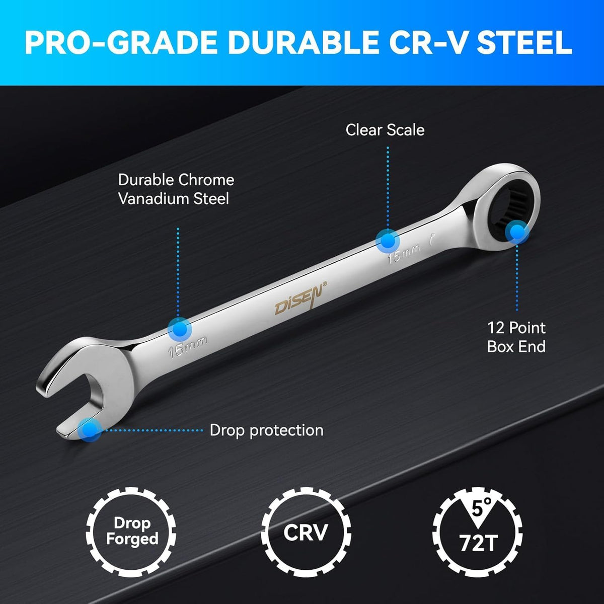 open-end and box-end combination design on each wrench