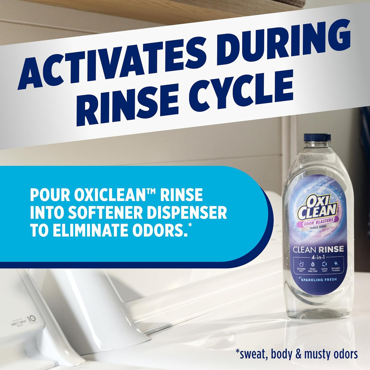 OxiClean Odor Blasters Fabric Rinse – Travel-Friendly Odor Eliminator for Hiking Clothes and Outdoor Linens, Concentrated 2 fl oz Dose, 50 fl oz