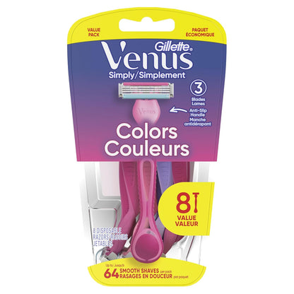 pack of 8 disposable razors in a clamshell package, suitable for all skin types