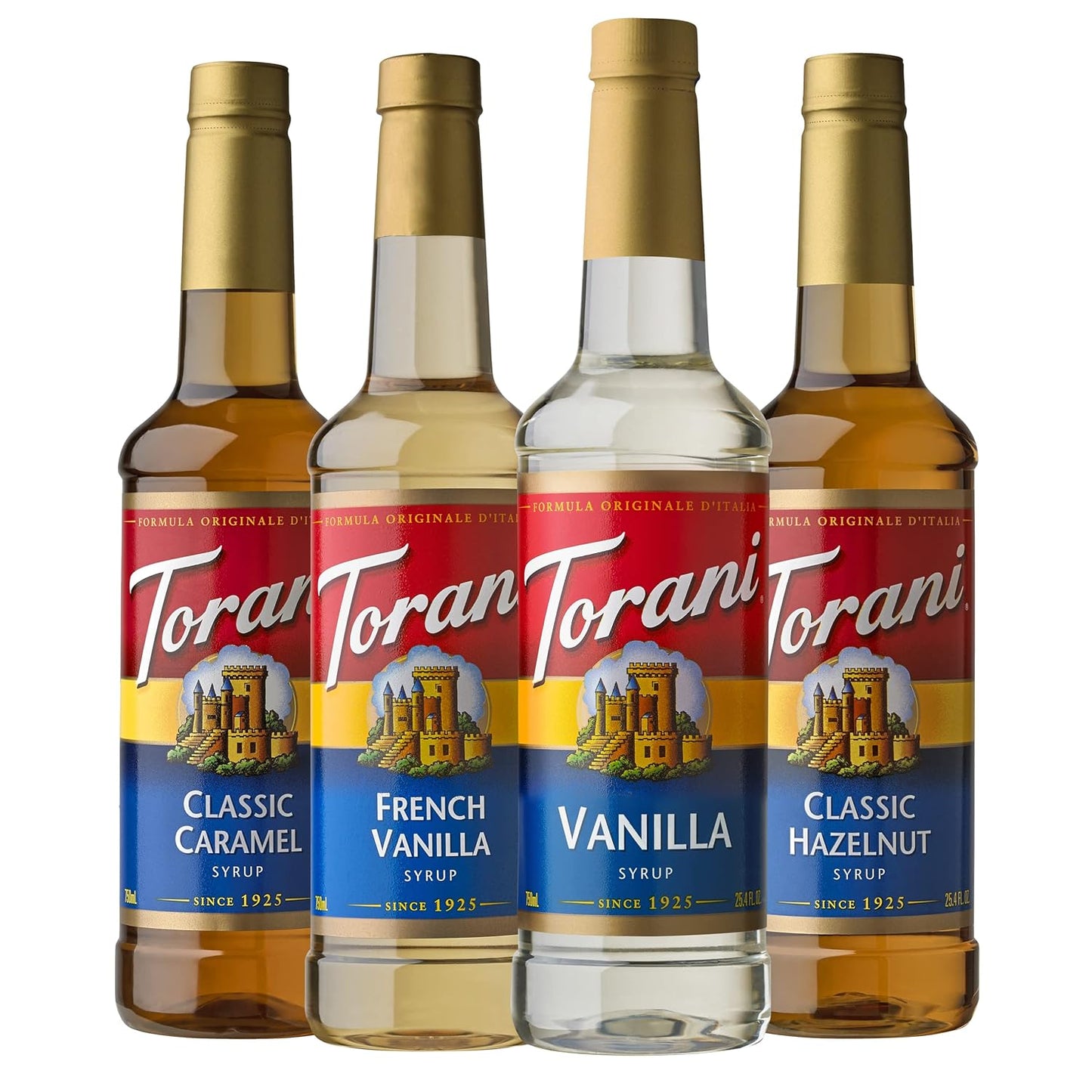 pack of four 25.4 fl oz glass bottles in caramel, french vanilla, vanilla, and hazelnut