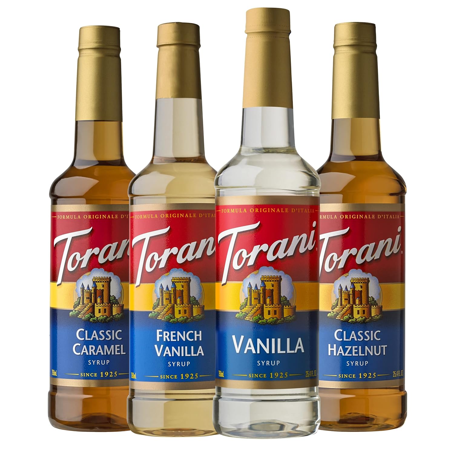 pack of four 25.4 fl oz glass bottles in caramel, french vanilla, vanilla, and hazelnut