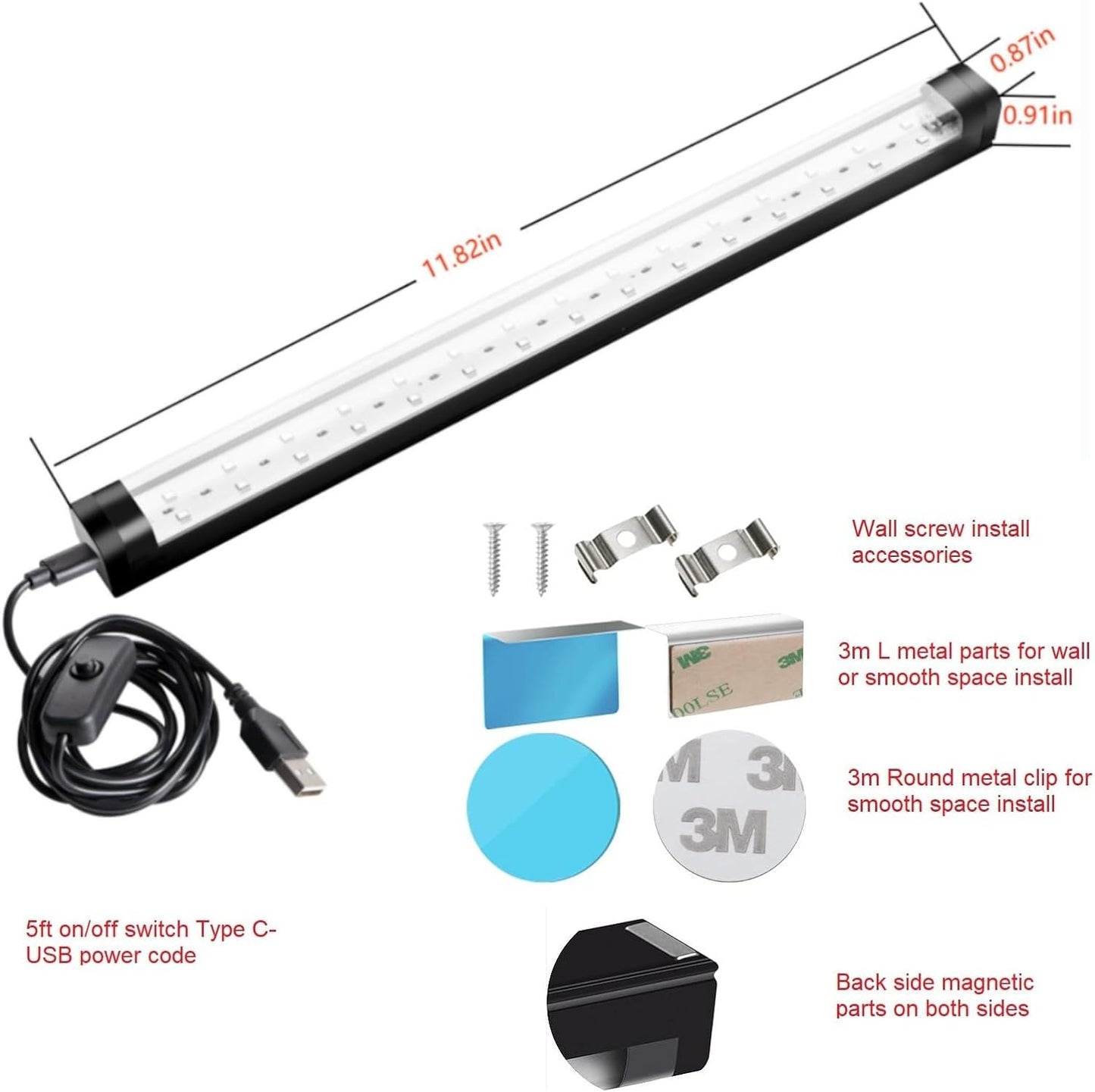 package includes 2 fixtures, 2x 5ft type-c usb cables, 2x 3m-l clips, 2x round clips, 2x screw wall brackets