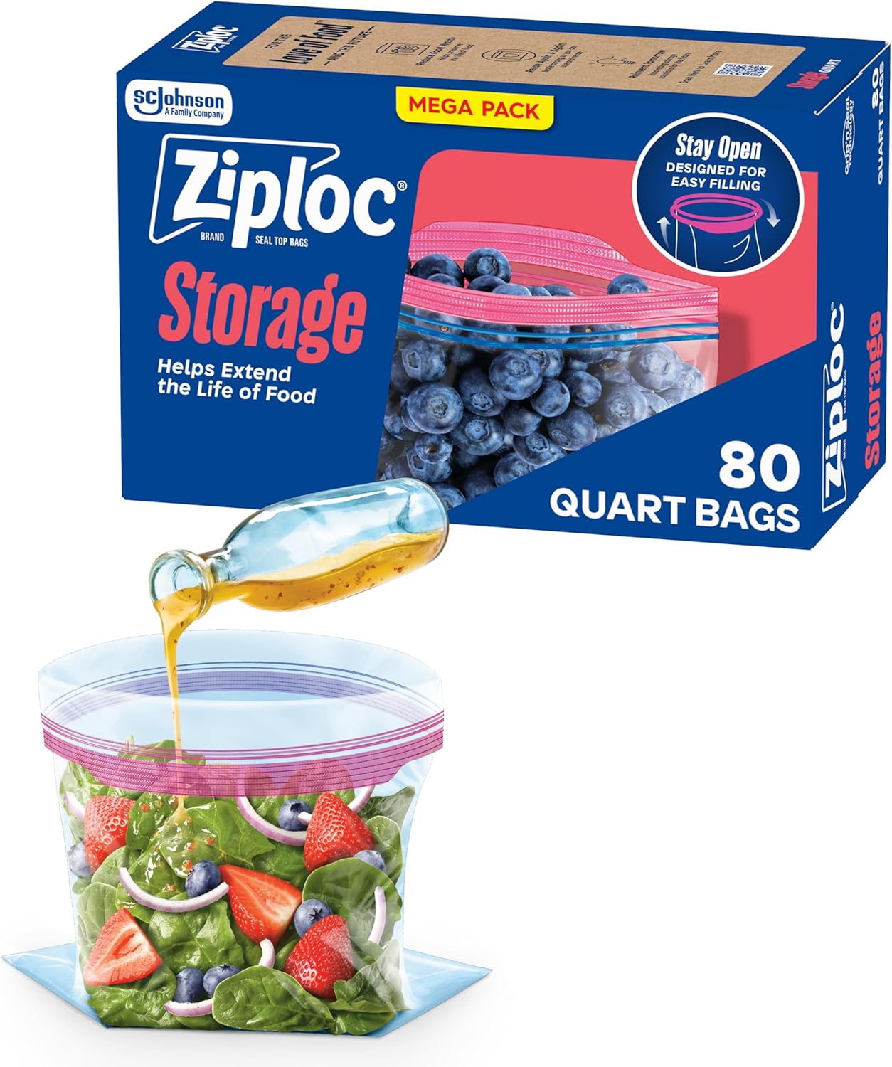 patented stay-open design with stand-up bottom for one-handed filling
