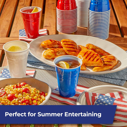 patriotic red, white, and blue solid colors plus clear cups with festive firework graphics