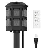 TiFFCOFiO Outdoor Power Stake Timer with 100FT Remote, Weatherproof Yard Stake with 6 Grounded Outlets for Patio, Garden, and Pathway Lighting