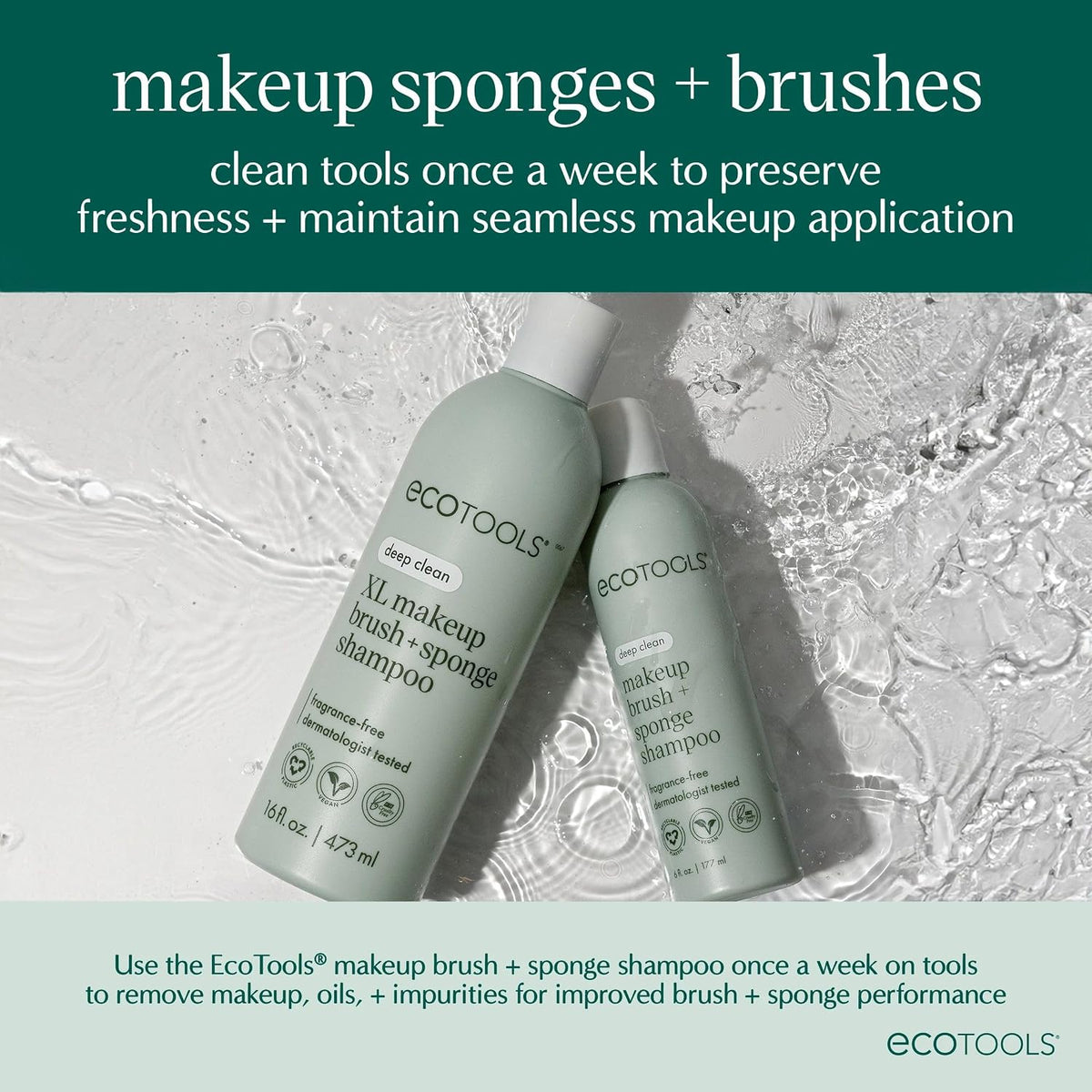 EcoTools Makeup Brush Cleanser + Sponge Shampoo – Breakout-Prone Skin Hygiene Reset, Dermatologist-Tested 8 oz