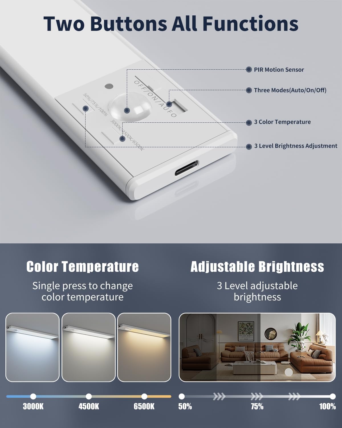 pir motion sensor with 10 ft / 120° detection range and 20-second automatic shutoff