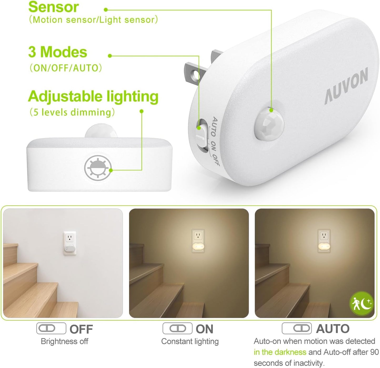 pir motion sensor with 90-second auto-off in auto mode