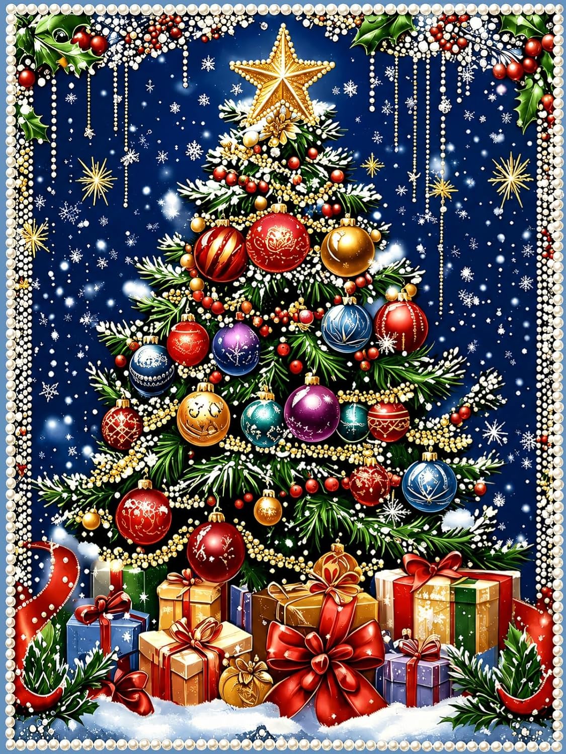 pl27-1 design features an ornate christmas tree with baubles, holly, and snowflakes on a deep navy background