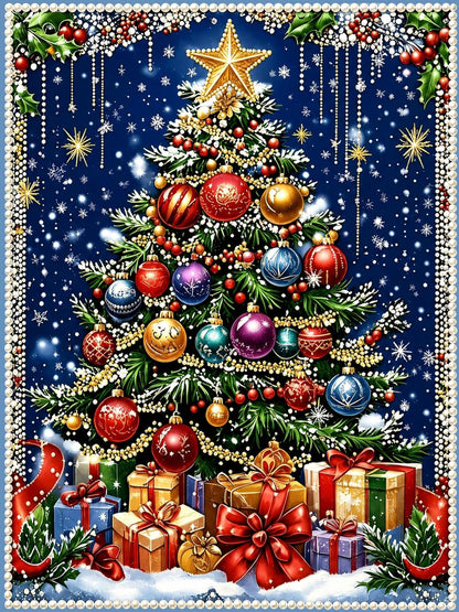 pl27-1 design features an ornate christmas tree with baubles, holly, and snowflakes on a deep navy background