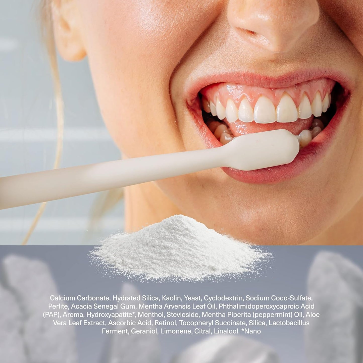 plant-based polishers (perlite, kaolin) and essential oils (peppermint, clove, wintergreen, lemongrass mint)