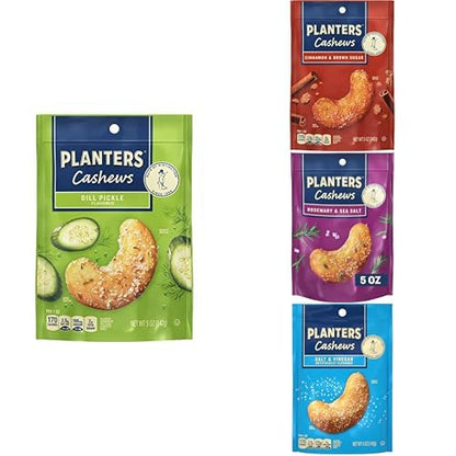 PLANTERS Cashews Cinnamon &amp;amp; Brown Sugar + Rosemary &amp;amp; Sea Salt + Dill Pickle + Salt &amp;amp; Vinegar - Trail Mix Snack Packs, Snack Pack, Party Trail Mix, 20 Oz, 4 Bags (5 Oz Per Flavor)
