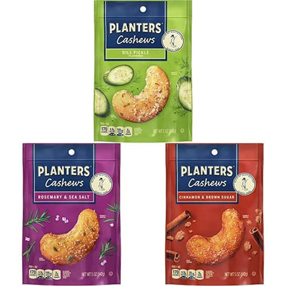 PLANTERS Cashews Dill Pickle, Rosemary &amp;amp; Sea Salt, and Cinnamon &amp;amp; Brown Sugar - Trail Mix Snack Packs, Snack Pack, Party Trail Mix, 15 Oz, 3 Bags (5 Oz Per Flavor)