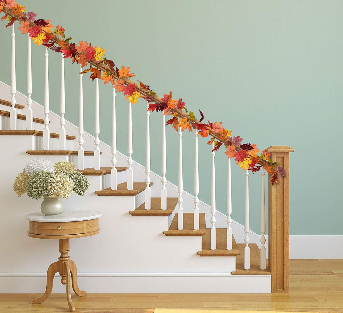 plastic and silk-cloth maple leaves designed to look like real fallen foliage