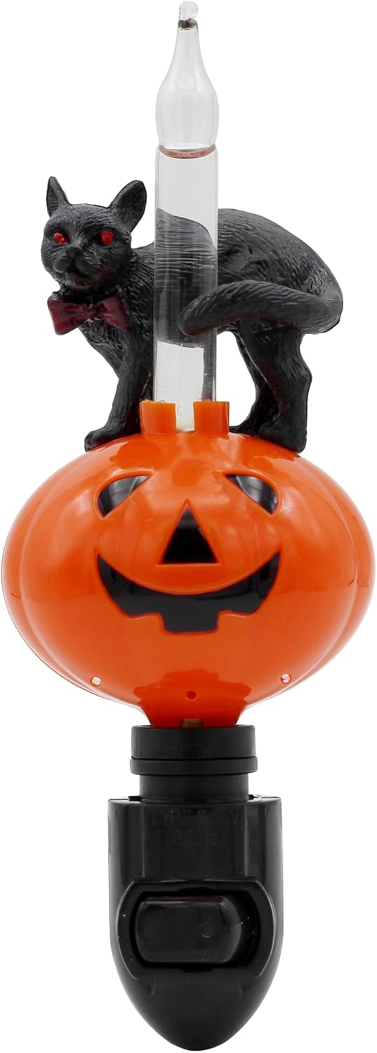 plastic jack-o'-lantern and black cat construction, shatter-resistant and kid-safe