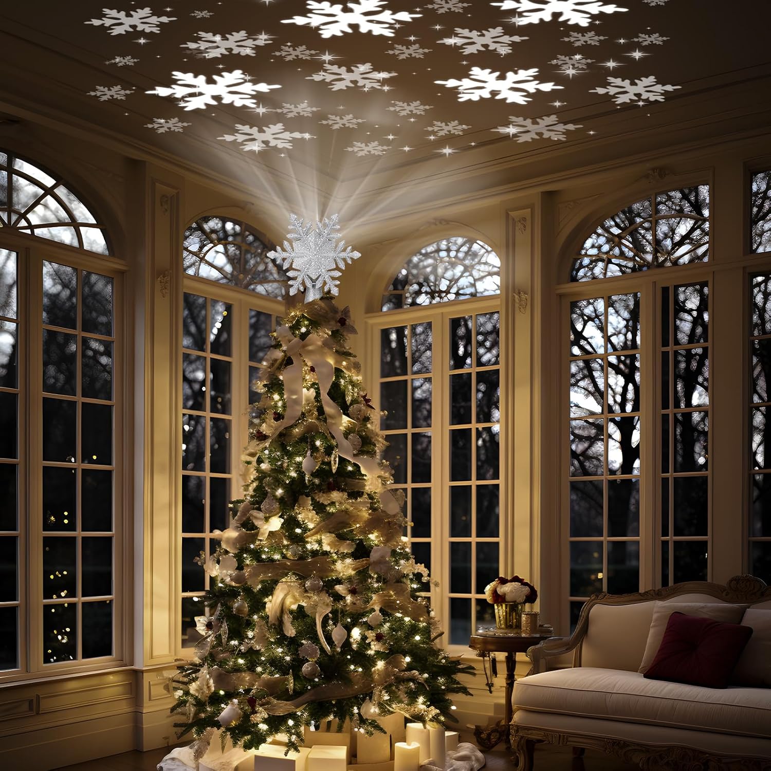 PliMook Christmas Tree Topper Light with 6 Projector Slides, Easy-to-Wrap Holiday Gift for Grandparents, Hosts, and Hard-to-Shop-For Adults, Silver
