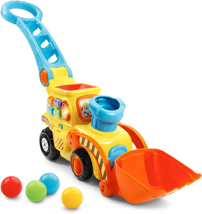 pop-up ball chimney that launches colorful balls into the front scoop bucket when pushed