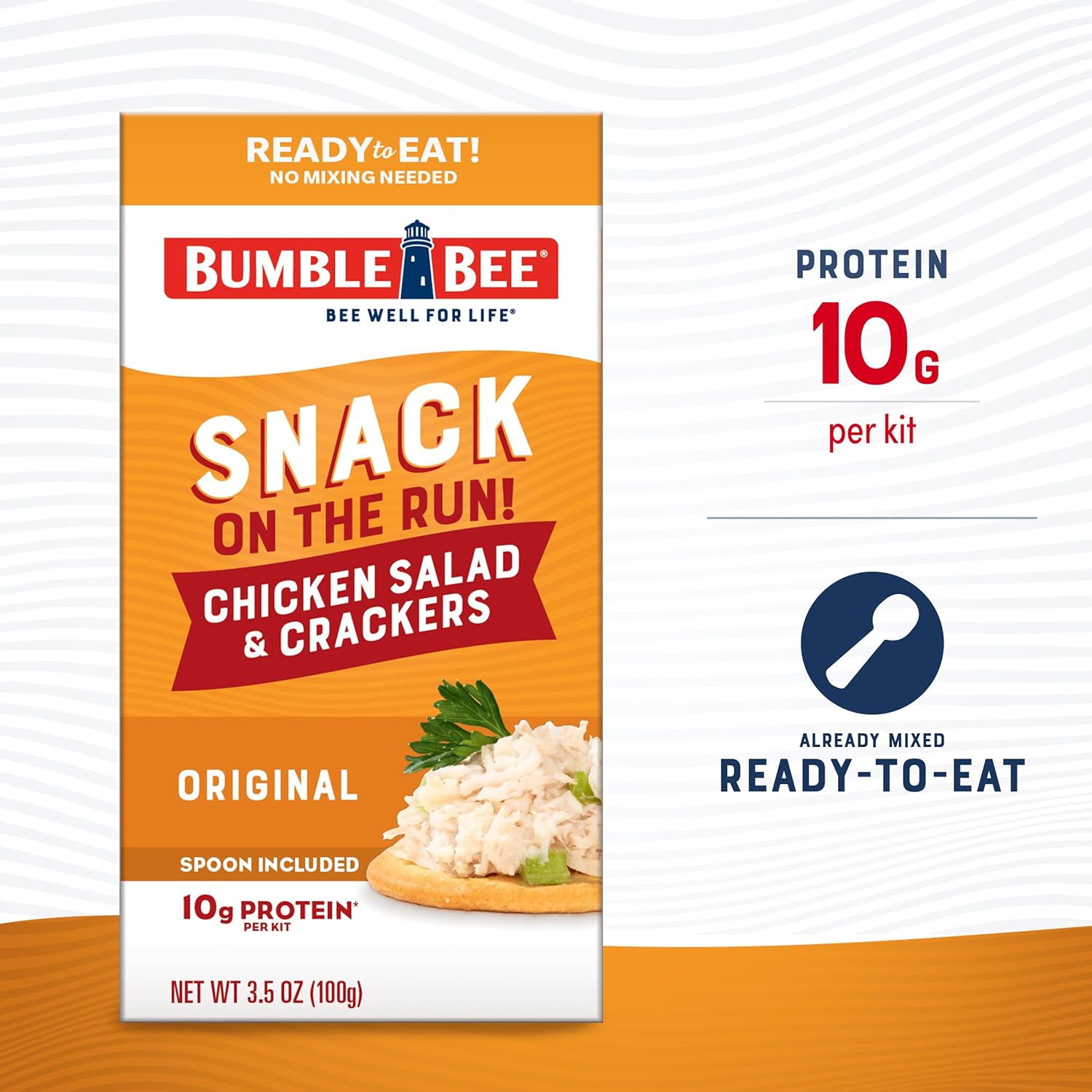 pre-mixed salad in can with six crackers and disposable spoon bundled