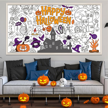 pre-printed halloween illustrations (castles, pumpkins, ghosts, witches) ready to color
