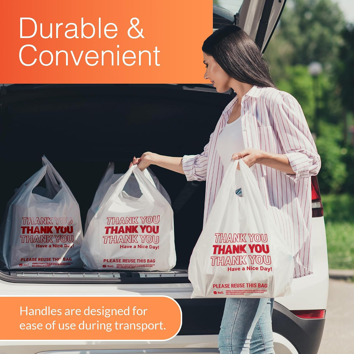 pre-printed 'thank you' message on each bag