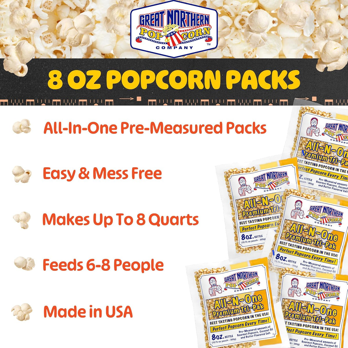 premeasured portions are formulated for popcorn machines with an 8-ounce kettle