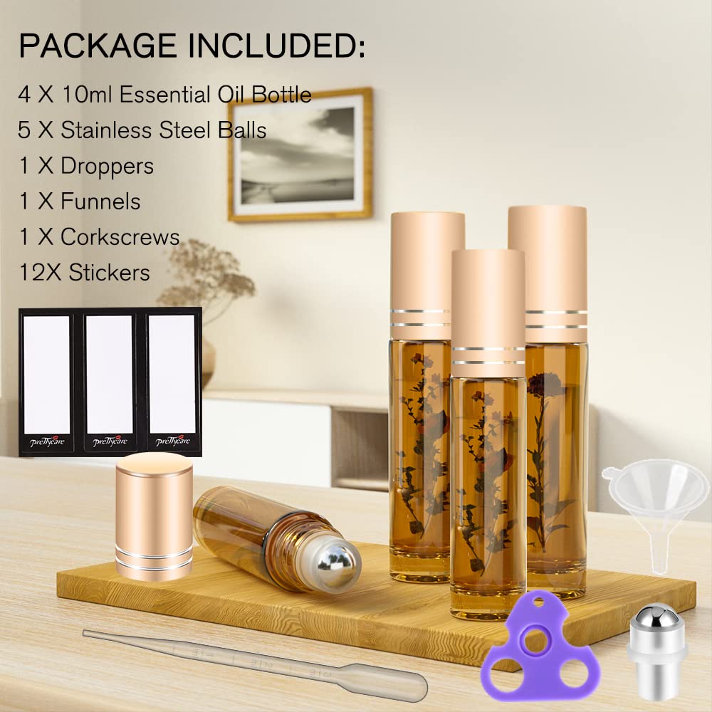 PrettyCare Refillable Roller Bottles for Aromatherapy – UV-Blocking Amber Glass 10ml Vials with Steel Ball for Meditation Space and Self-Care Diffuser Oils