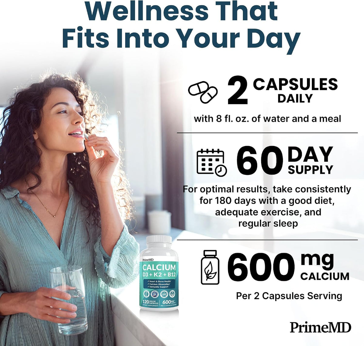 PrimeMD D3 K2 Calcium B12 Capsules – Self-Care Routine for Aging Well, 480ct Pack of 4