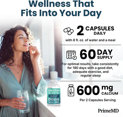 PrimeMD D3 K2 Calcium B12 Capsules – Self-Care Routine for Aging Well, 480ct Pack of 4
