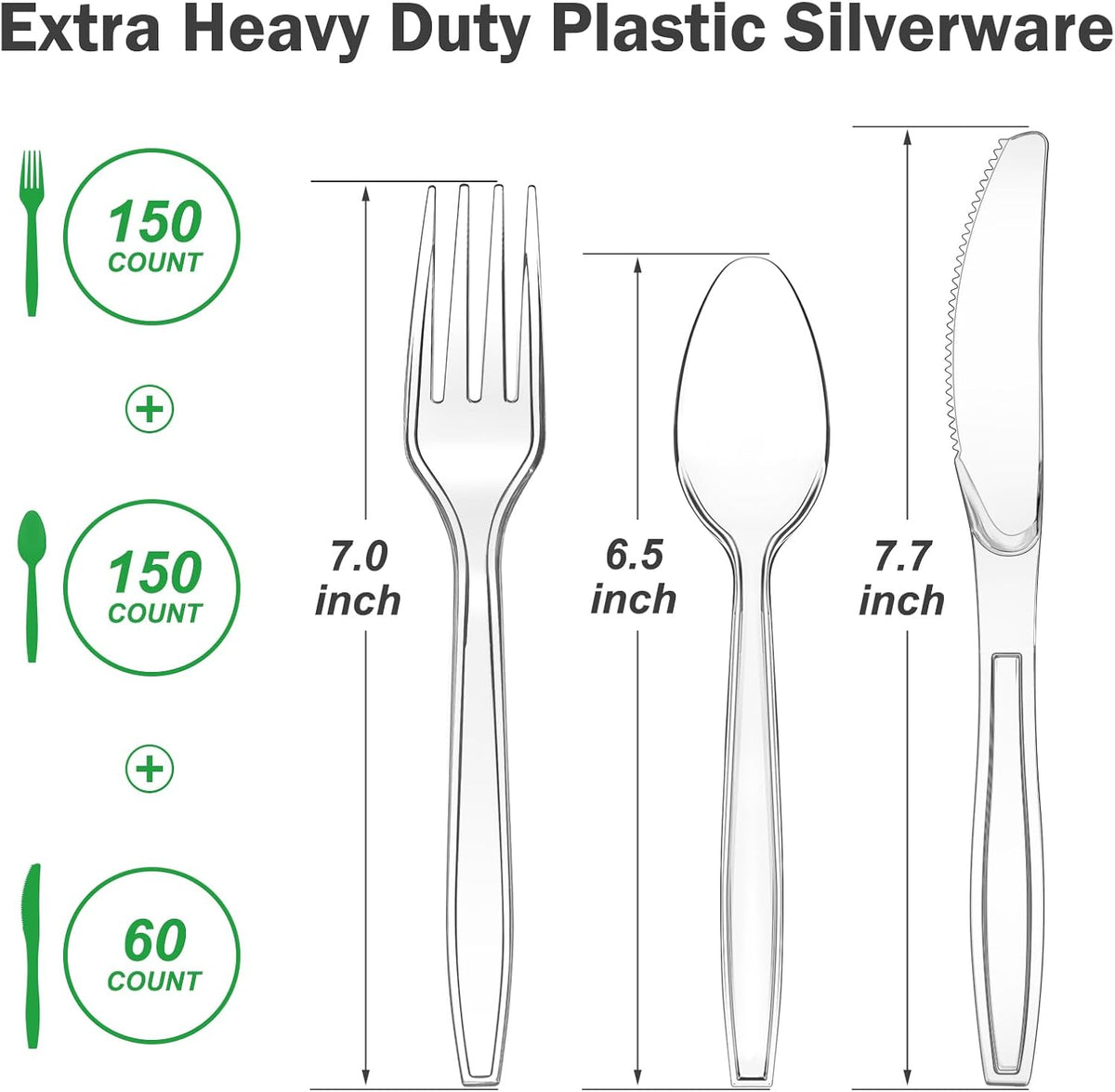 product line includes clear, white, and black utensils, with individual types, a clear forks-and-spoons bundle, and a complete clear set