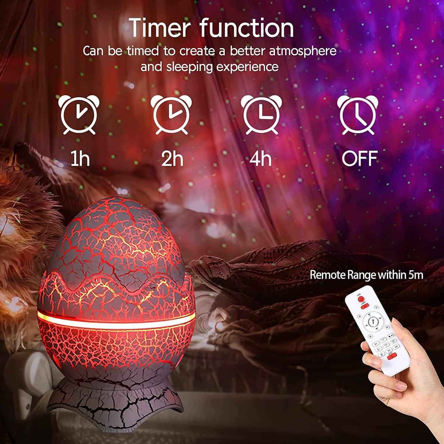 programmable 1h / 2h / 4h timer accessible via remote or on-device buttons