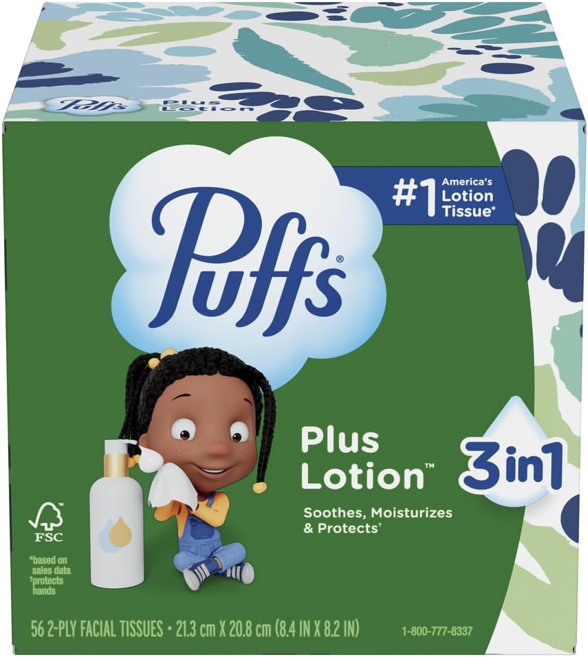 Puffs Plus Lotion Facial Tissues for Bedroom Nightstand and Self-Care Corner, Soothing Cold and Flu Comfort