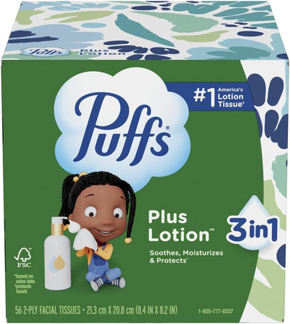 Puffs Plus Lotion Facial Tissues for Bedroom Nightstand and Self-Care Corner, Soothing Cold and Flu Comfort