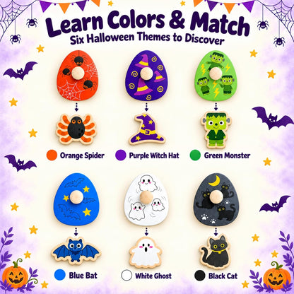pumpkin-shaped base board with character cutouts (black cat, ghost, bat, witch hat, spider)